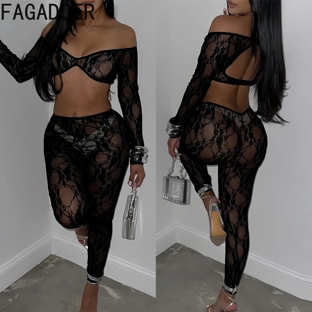 

FAGADOER Sexy Lace Patchwork Two Piece Outfits Woman See Through Off Showlde Long Sleeves Crop Top Pants Female Streetwear New