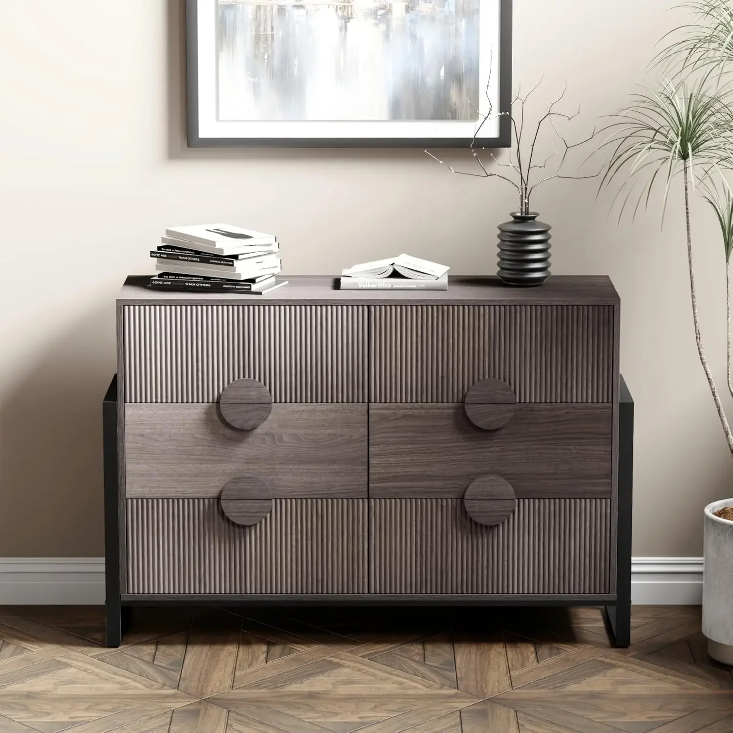 Caneladas Dresser com alças redondas, Quinta peito de madeira de gavetas, Moderno e Accent armário de armazenamento para sala de estar, 6 gavetas