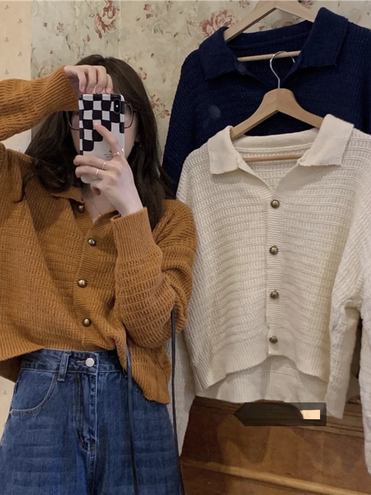 

Весна 2026: Модный женский вязаный кардиган свободного кроя с отложным воротником, однотонный, в японском ретро-стиле