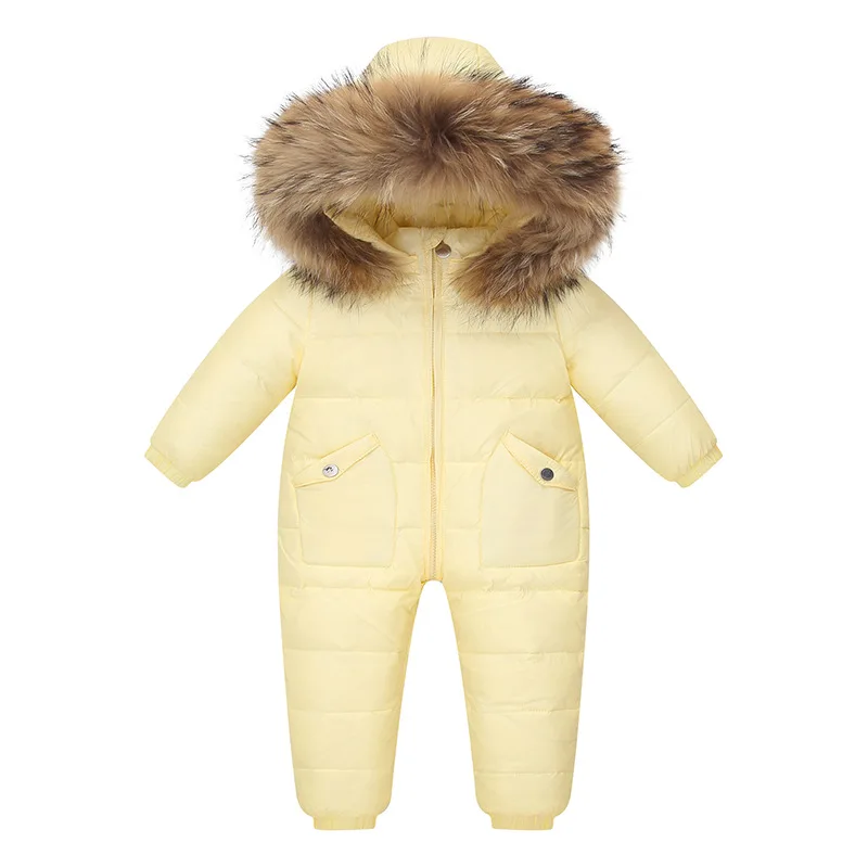 Raise 2024 Winter Newborn Jumpsuit Hooded Real Raccoon Fur Children Girl Winter Overall 1-5 Year Infant Baby Boy Romper Snowsuit