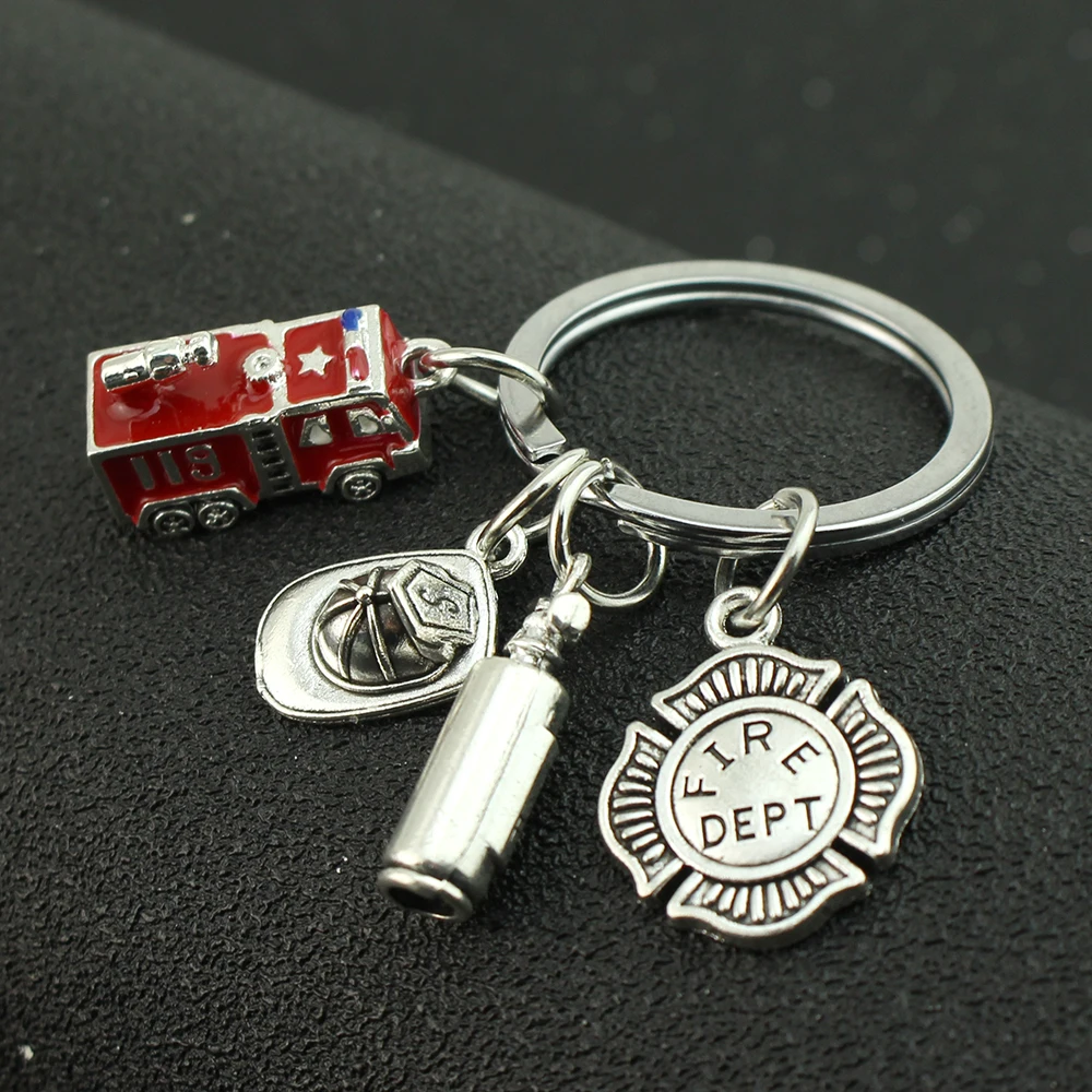 Fire Brigade Fire Engine Keyring Vintage Silver with Red Enamel Keyring Gift for Firefighters Bag Charm Accessory