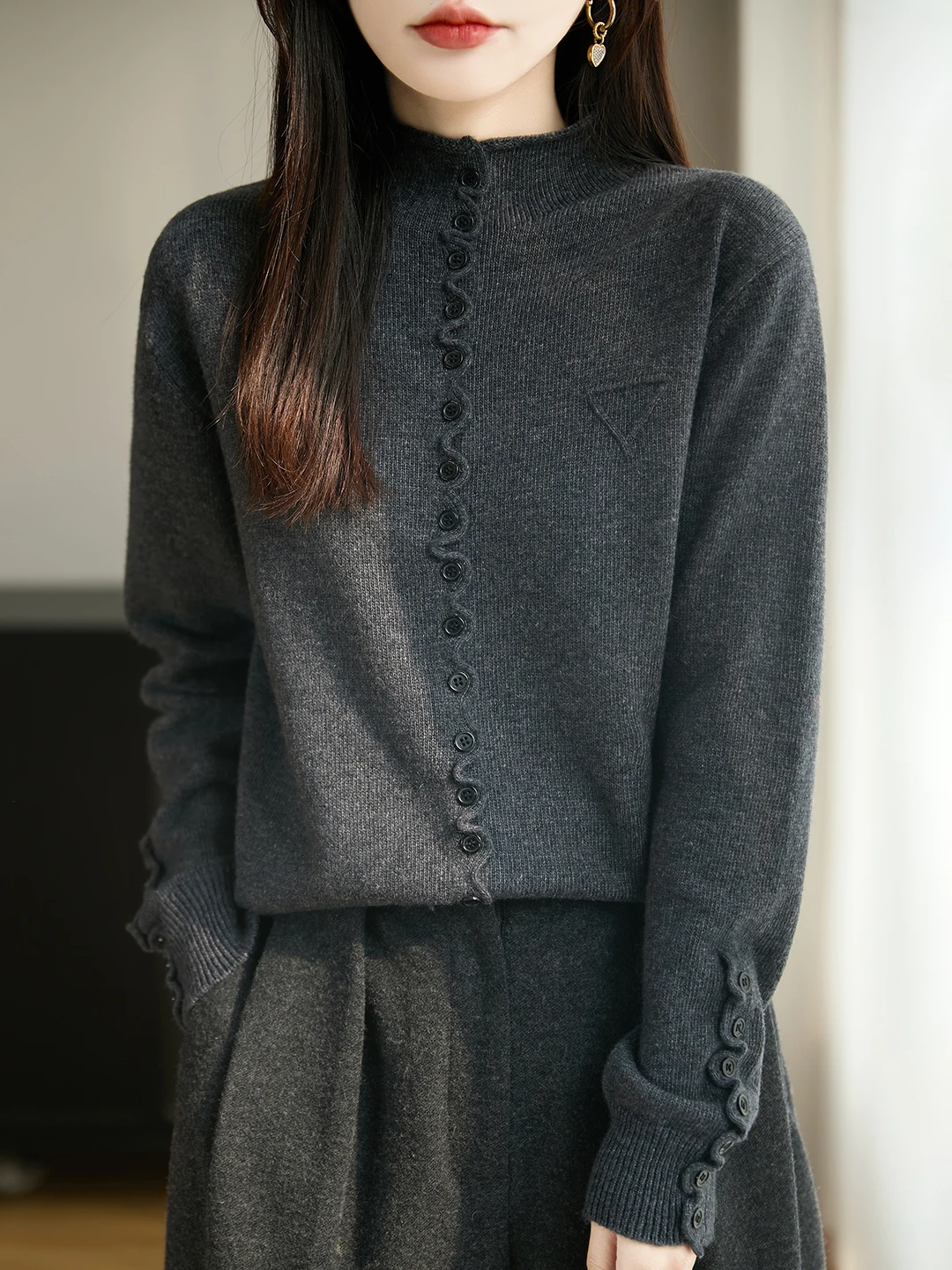 

Thiened Knitted Sweater Women's Autumn Winter Casual Sle Loose Fit Soft Medium Wool Long Sve Button Design Warm Top