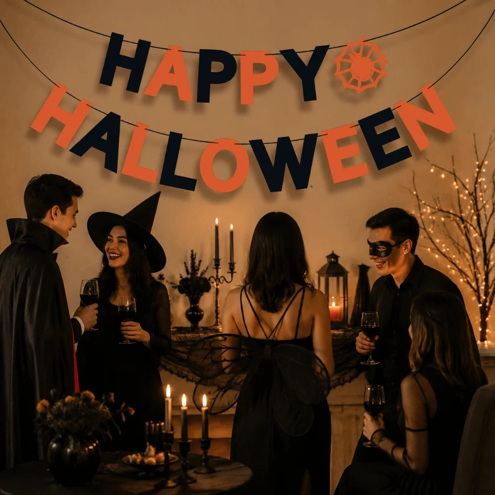 Funny Happy Halloween Banner Celebration Reusable Party Decor Pull Flag Durable Handmade Halloween Paper Pull Flag