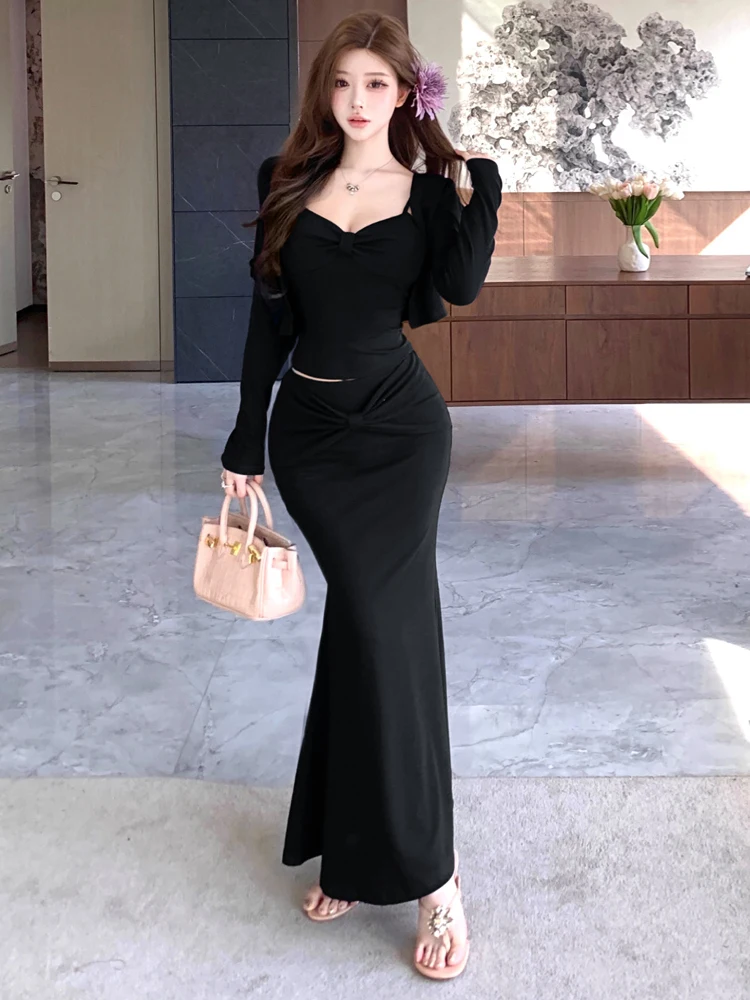 Sexy Low Cut Strap Vest Long Sleeve Open Cardigan Slim Fit Fish Tail  Skirt Three Piece Set Breathable Casual Wear for Women