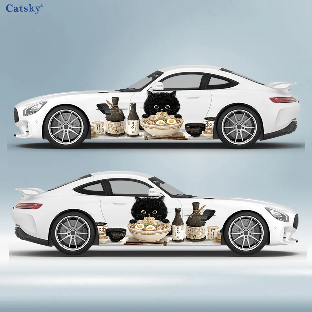 

Наклейки на автомобиль с изображением черного кота, щущего рамэн, самоклеящиеся, из водонепроницаемого и устойчивого к царапинам ПВХ, аксессуар для автомобиля, подарок