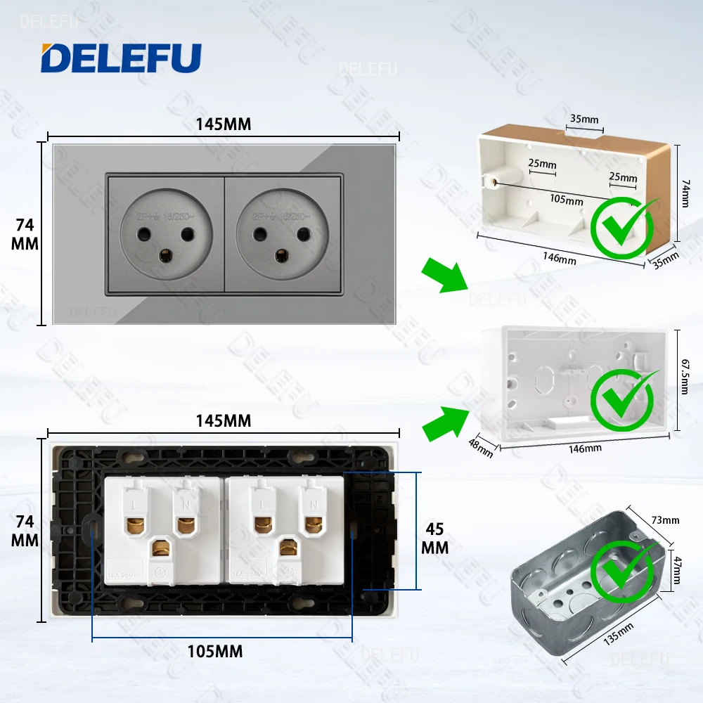DELEFU Glass SC70 Panel 145mm Grey Israeli Standard USB C-type Fast Charging Wall Socket Switch TV Phone CAT5 CAT6