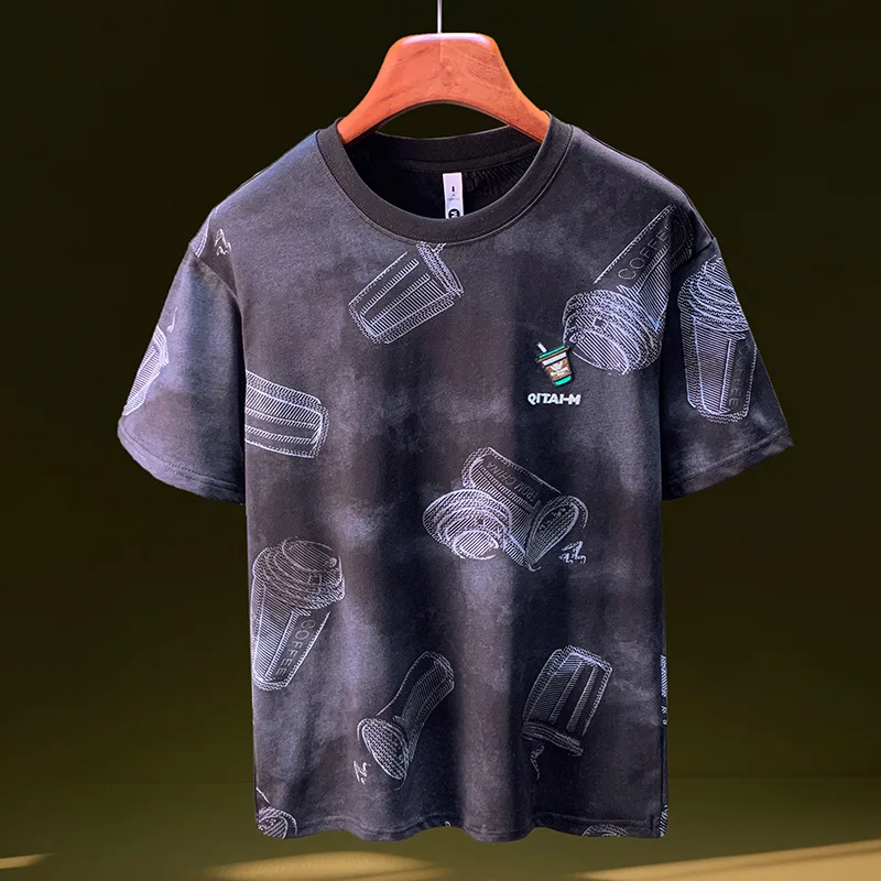 

Casual wear short sleeved T-shirt men's 2025 summer new style loose embroidery printed fashionable five quarter sleeve top