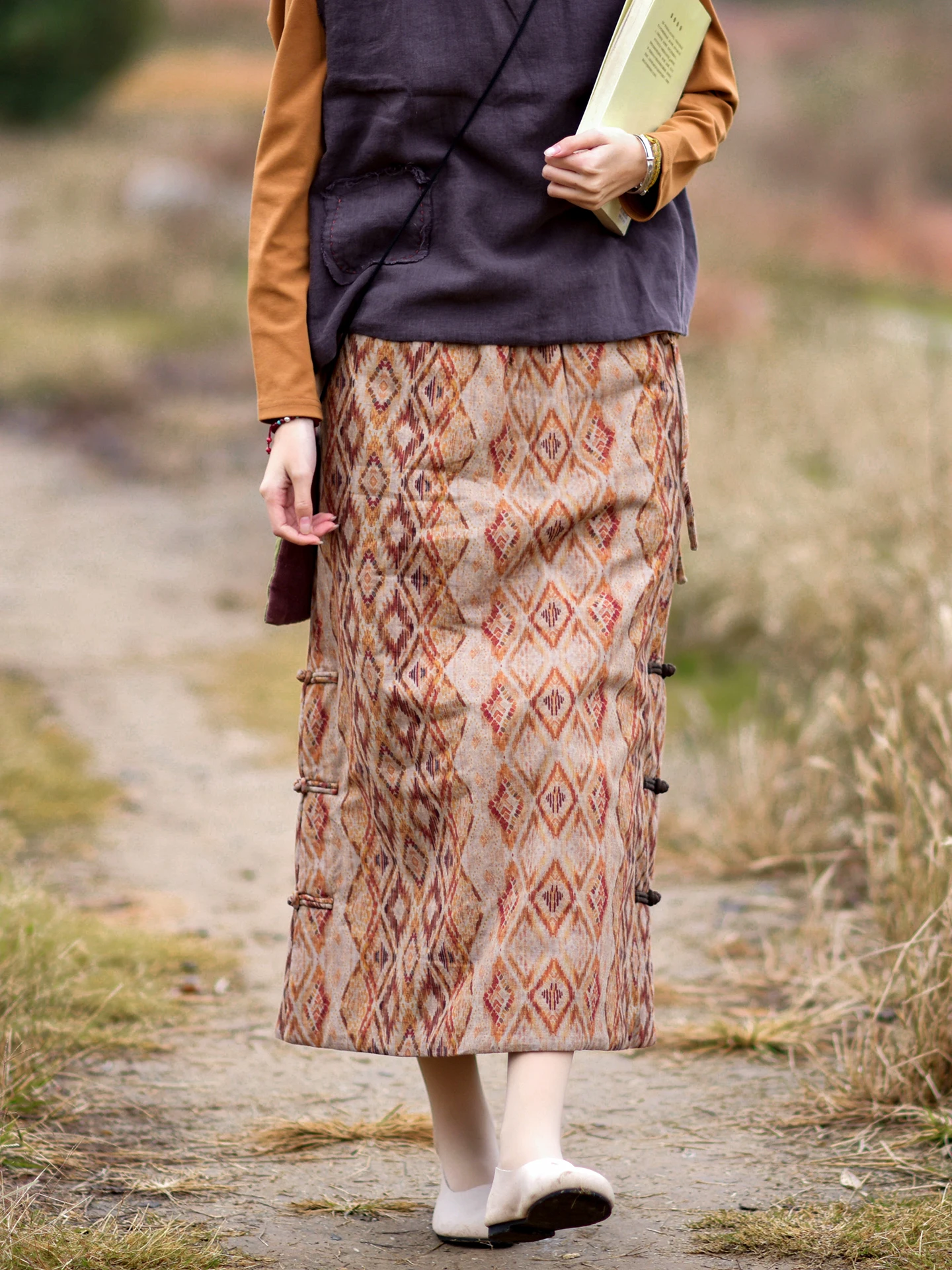 

Retro Cotton f Skirt Warmth Printed Straight Retro Button Ladies High Waist Spring Autumn New Arrival Skirt