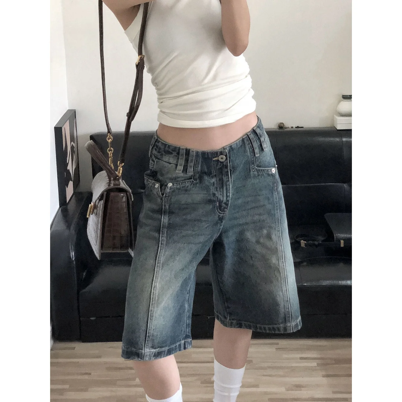Y2K شورت دينم عتيق للنساء فضفاض عالي الخصر ملابس الشارع الكورية واسعة الساق جينز صيفي مغسول كبير الحجم غير رسمي