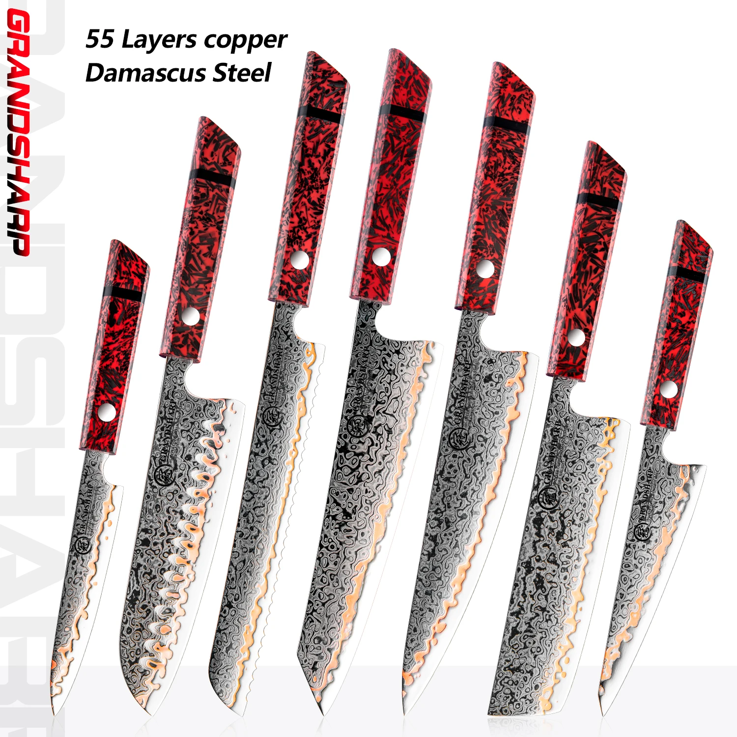 Grandsharp 1-7PCS Damascus 55 Layers Copper Damascus 10Cr15CoMov Steel Chef Nakiri Utility Knife Red Resin Carbon Fiber Handle
