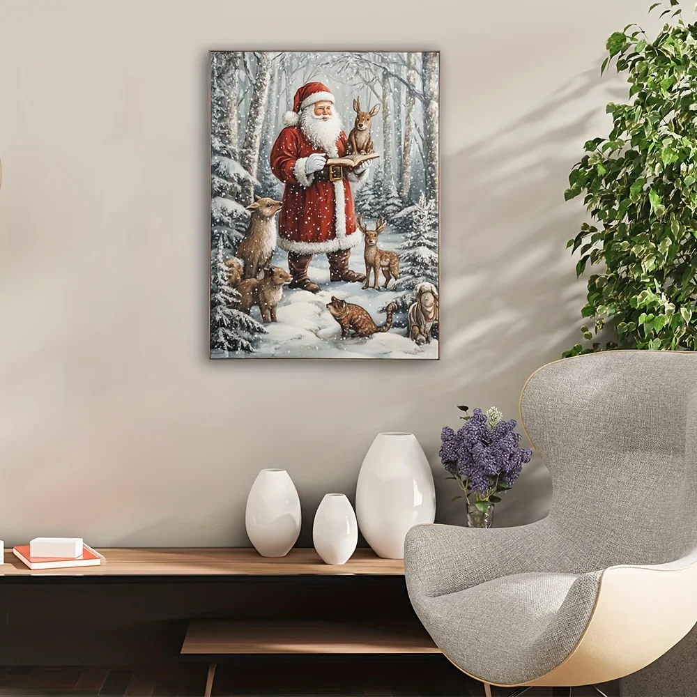 Christmas Winter Scene Canvas Painting Forest Animals - Framed Father Christmas with Deer and Rabbit Pattern Holiday Decoration