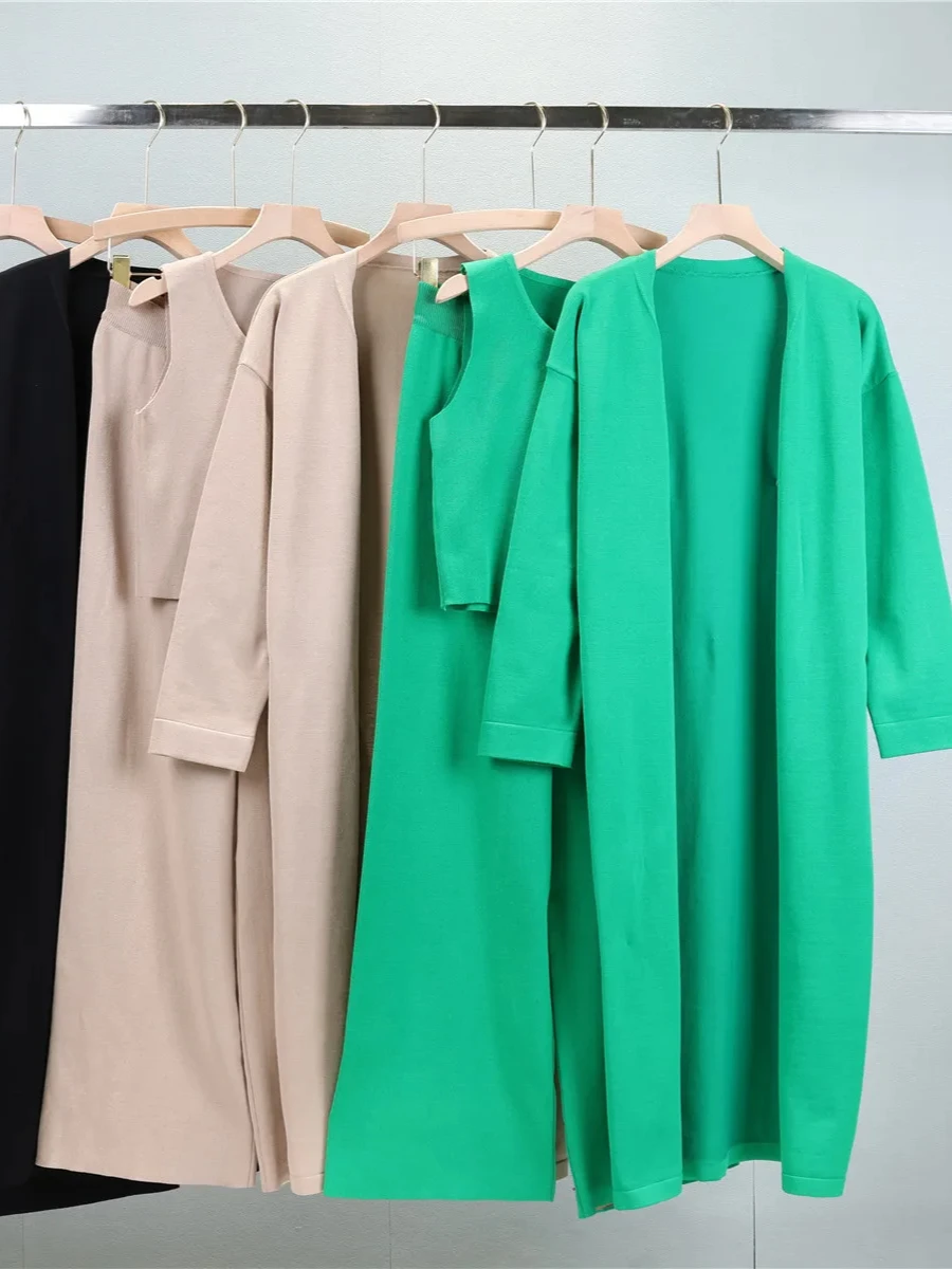 Kardigan Rompi Rajutan Celana Kaki Lebar Sweter Wanita Pakaian Ansambel Panjang Kasual Muslim Setelan Rajut Maroko Set 3 Potong Musim Dingin