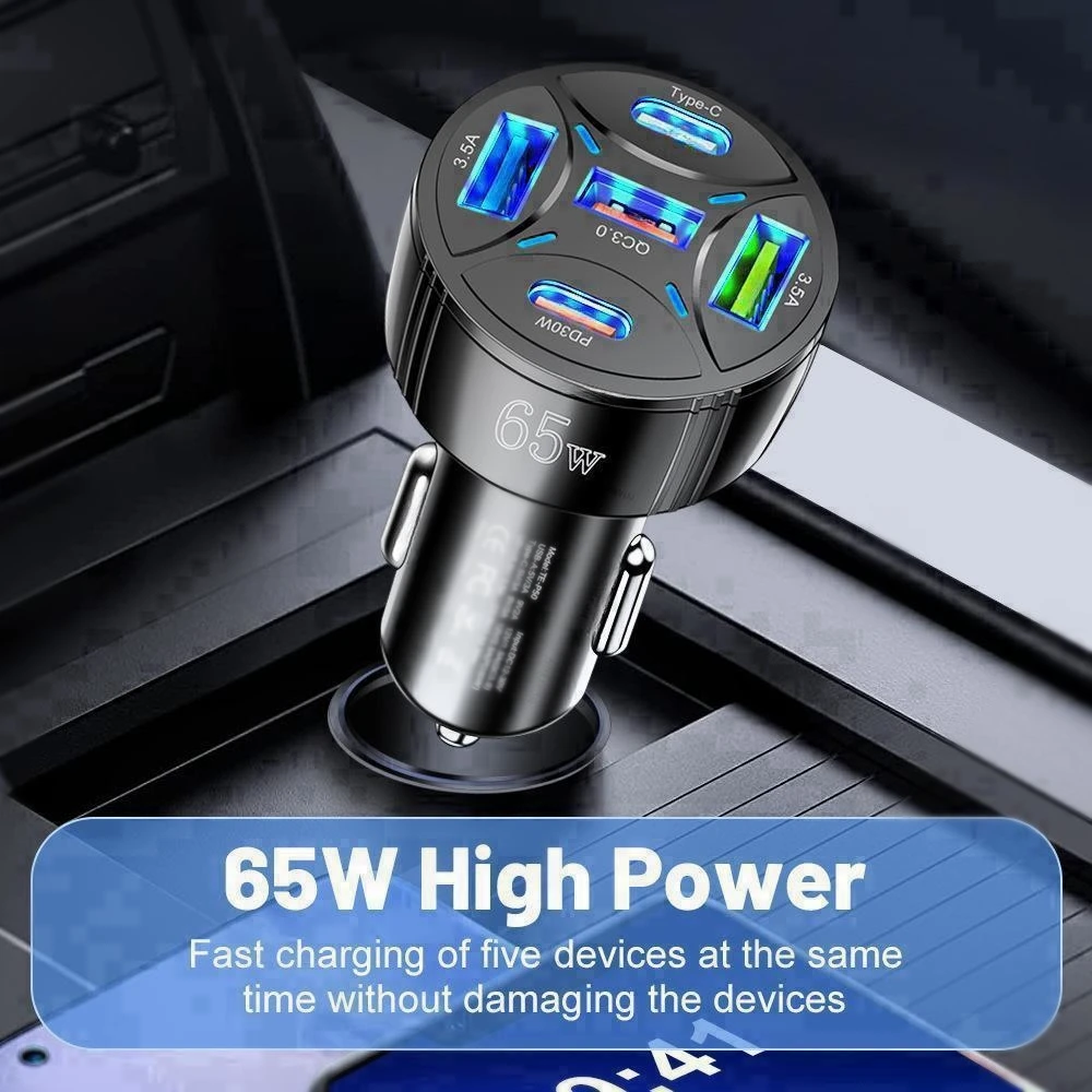 65W USB Car Charger Fast Charging 5 Ports PD Type C Car Phone Charger Adapters For iPhone 15 Xiaomi Samsung Quick Charger In Car