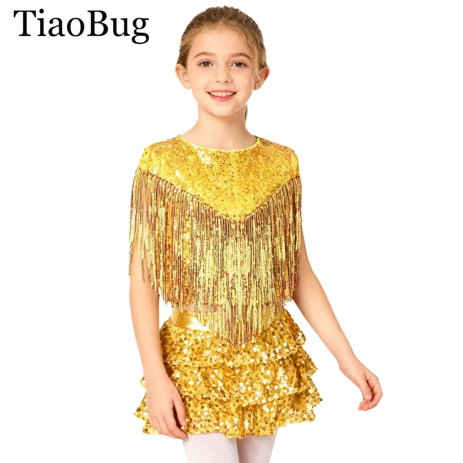 

Girls Sequin Jazz Dance Outfit 70S Disco Costume Metallic Tassels Crop Top with Tiered Skirted Shorts Culottes Cheerleading Wear
