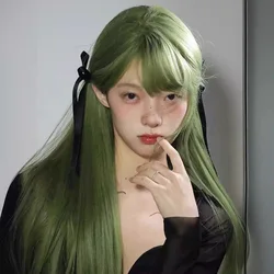 Pelucas sintéticas rectas largas y verdes para mujer, pelucas de onda Natural con flequillo, resistentes al calor, cosplay de HalloweenLolita