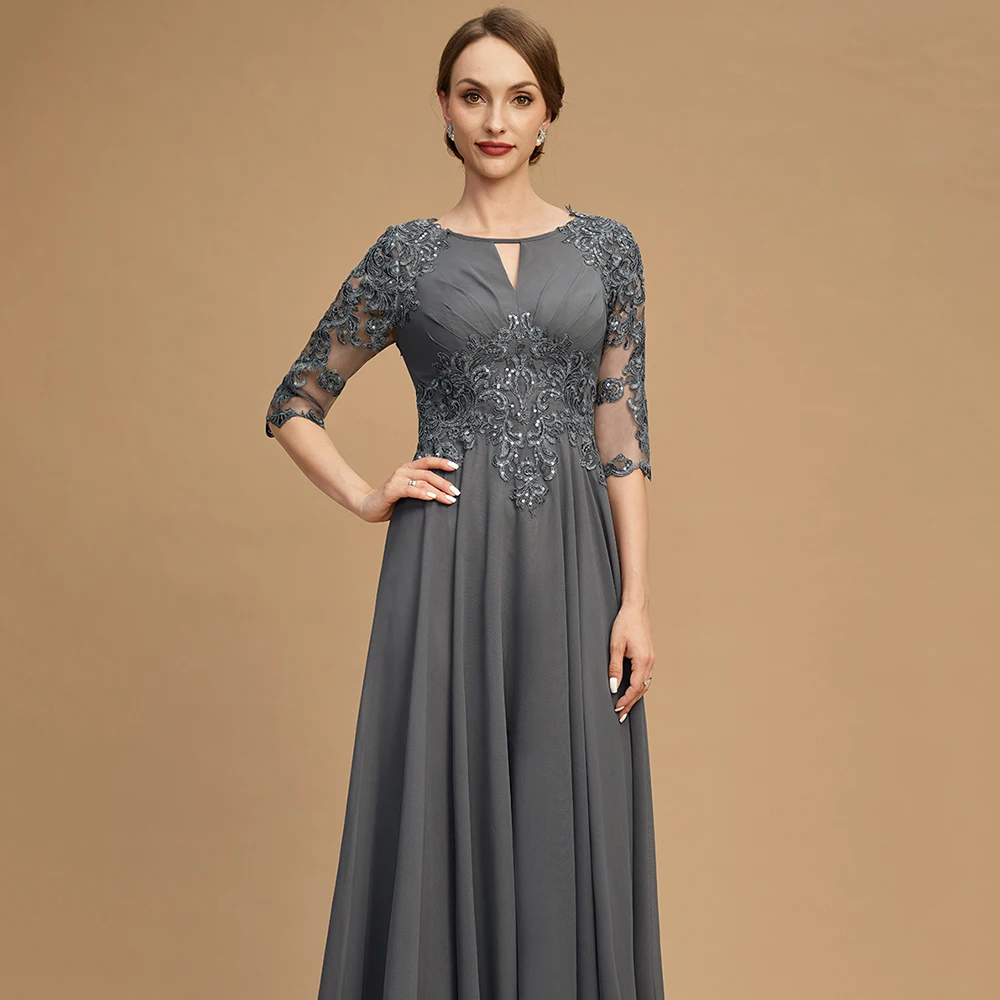 Einfache A-Line Mutter Der Braut Kleid Oansatz Halbe Hülse Spitze Appliques Pailletten Knöchel-Länge Abendkleid Grau Chiffon MOM Kleid