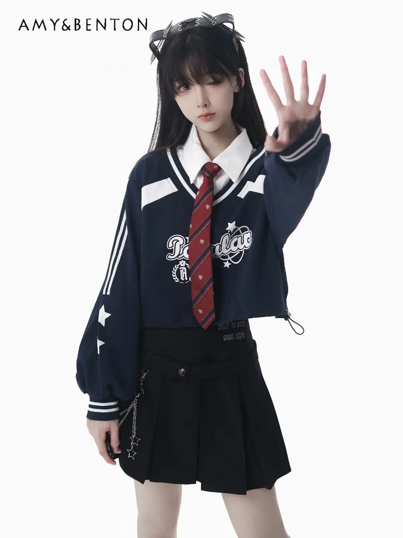 الأمريكية الساخنة فتاة Preppy نمط البلوز بدلة رياضية وهمية قطعتين البلوز منقوشة بناطيل كاجوال Harajuku نمط شيك البدلة
