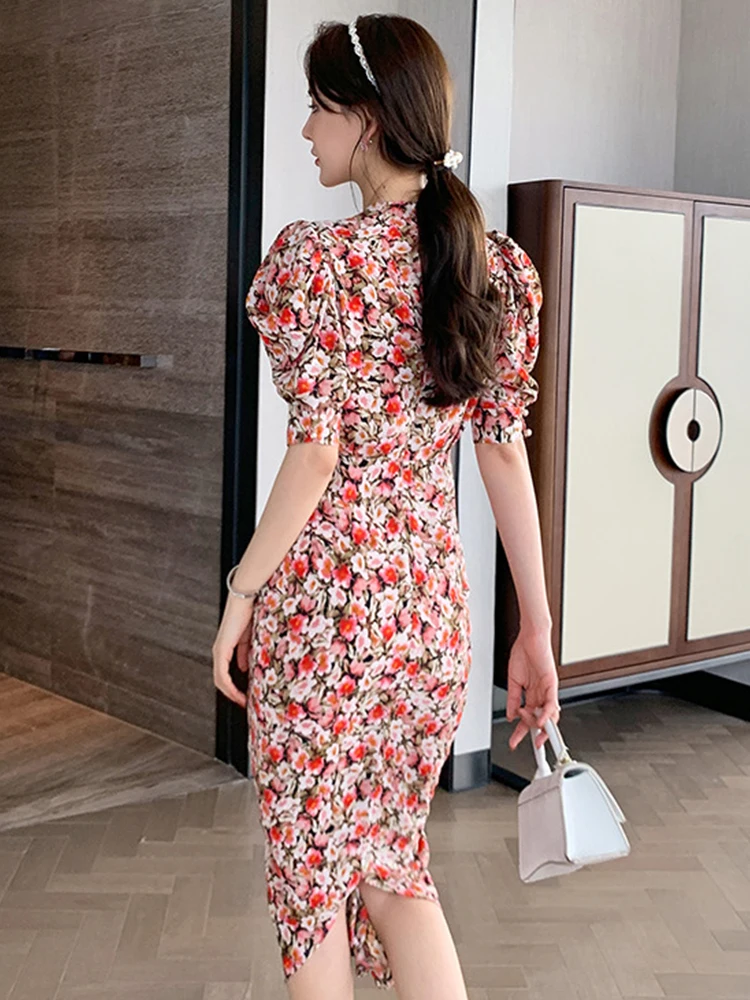 Elegant Sexy Romance Midi Dress for Women 2023 Flowers Satin Puff Sleeve Split Folds Robe Mujer Holiday Street Beach Vestidos