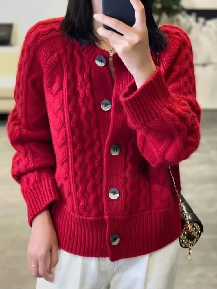 Pure cashmere cardigan women 2023 autumn-winter new French crewneck vintage thick twist flower loose knit sweater coat