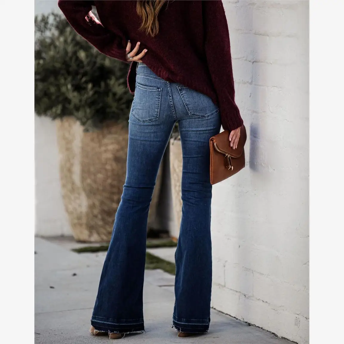 Pantalones vaqueros adelgazantes de cintura alta con campana para mujer, pantalones vaqueros clásicos con empalme Sle, pantalones vaqueros largos elásticos de algodón, Micro acampanados