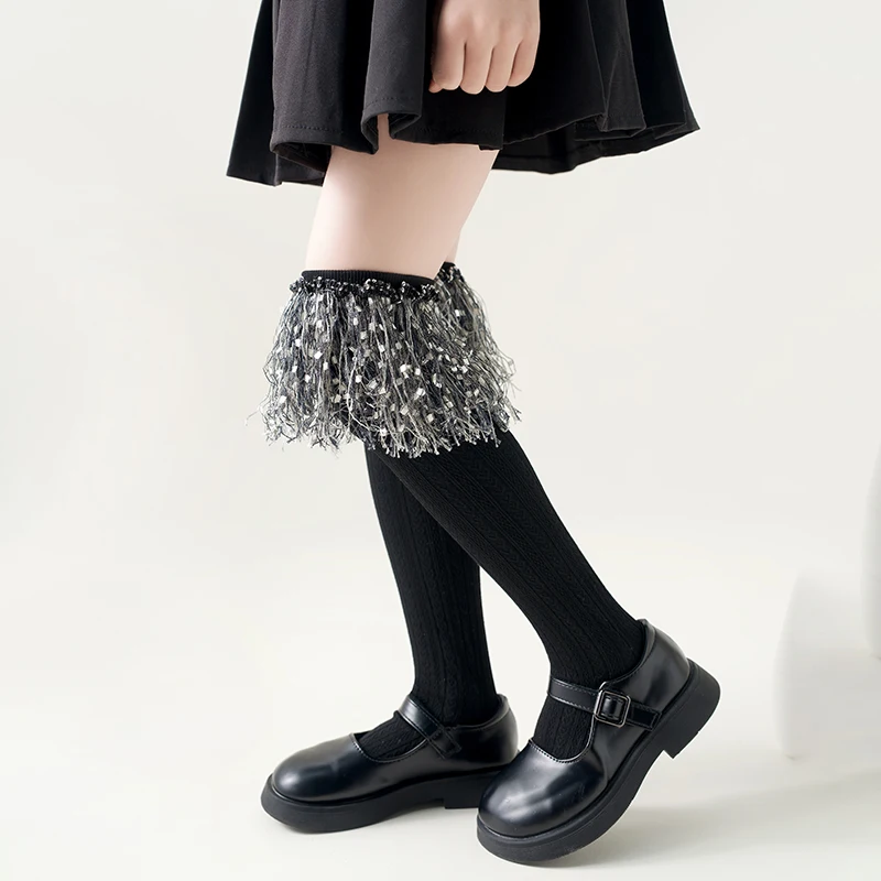 Elegant Girls Feather Yarn Tassel Trim Knee High Socks Heart Jacquard Pattern Anti Pilling Soft Elastic Lolita Princess Hosiery