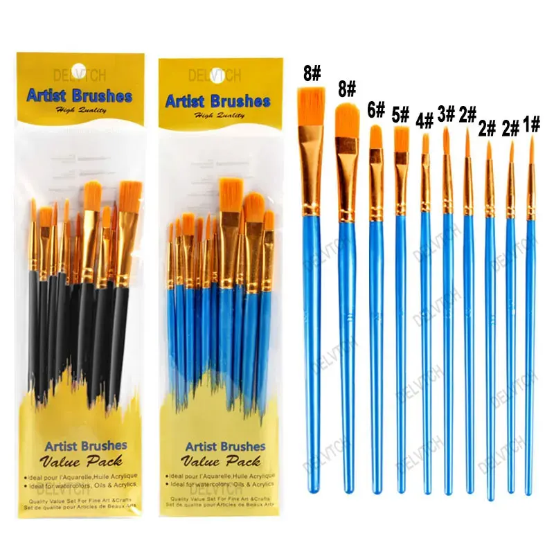 10Pcs/Set Nylon Hair Art Painting Brush Different Shape #1#2 #3 #4 #5 #6 #8 Oil Acrylic Gouache Watercolor Pen Brush Paintbrush