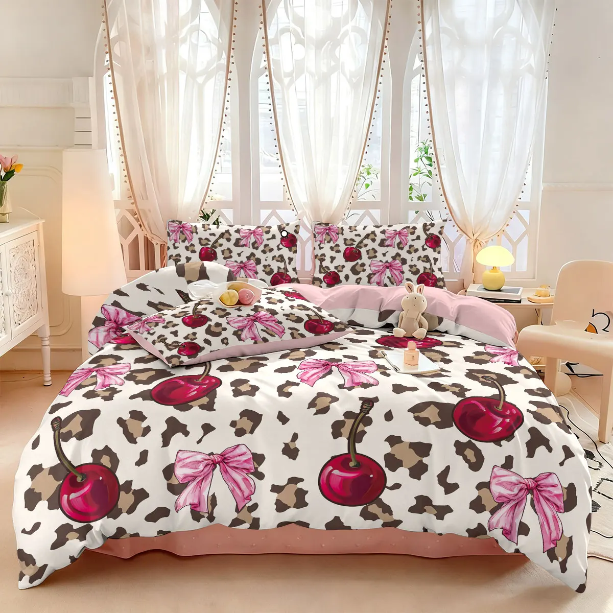 

3pcs leopard print cherry bow printed coreless duvet cover set, multi size bedroom bedding decoration, machine washable