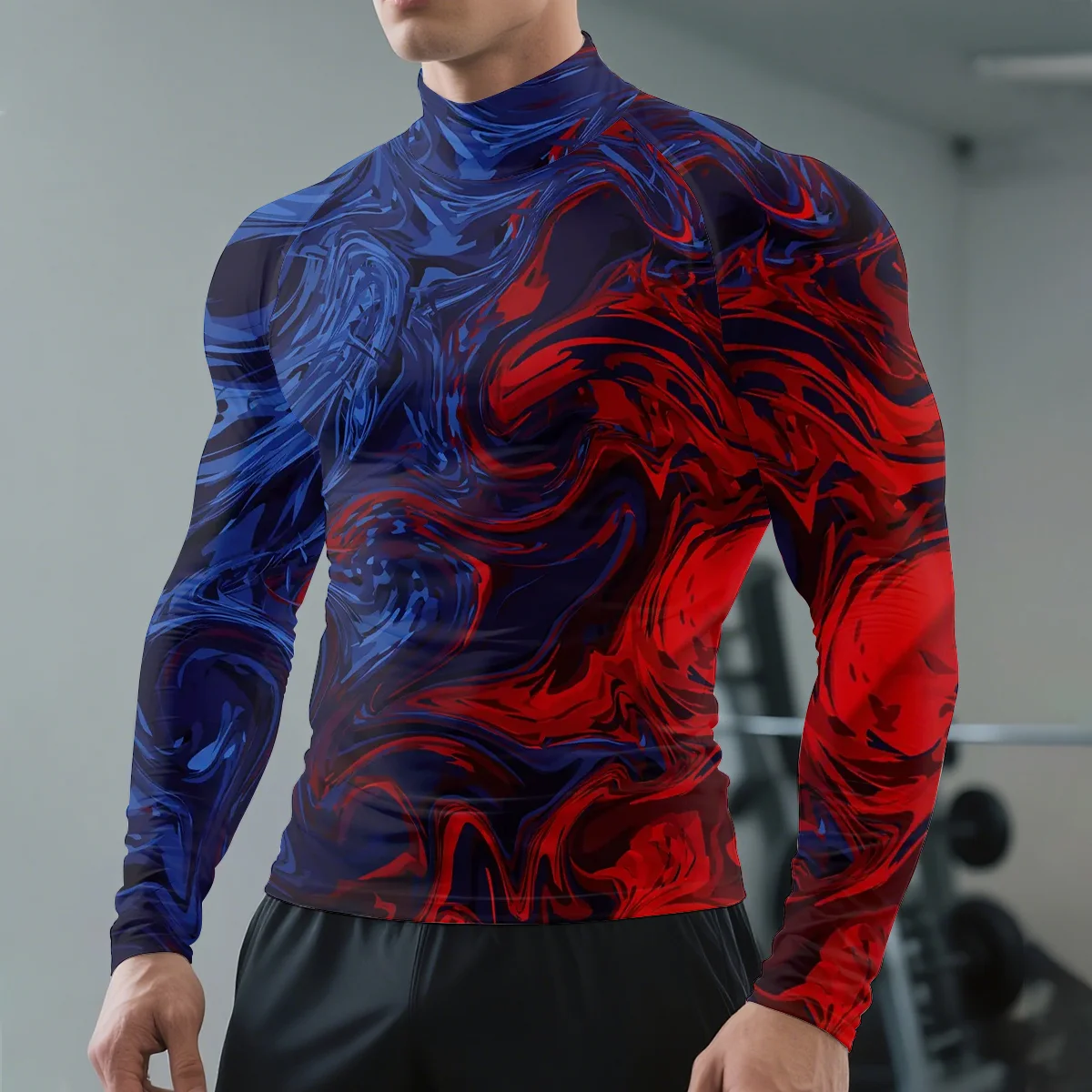 

2025 autumn winter new semi-high neck long-sleeved T-shirt Colorful 3D printing men's Clothes Sports breathable long-sleeved top