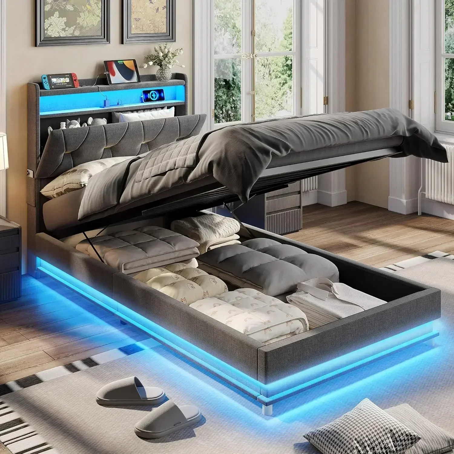 

Hot-sellingStorage Headboard with Charging Station, Twin Size Lift Up Storage Bed Frame, LED Lights Upholstered Platform Bed