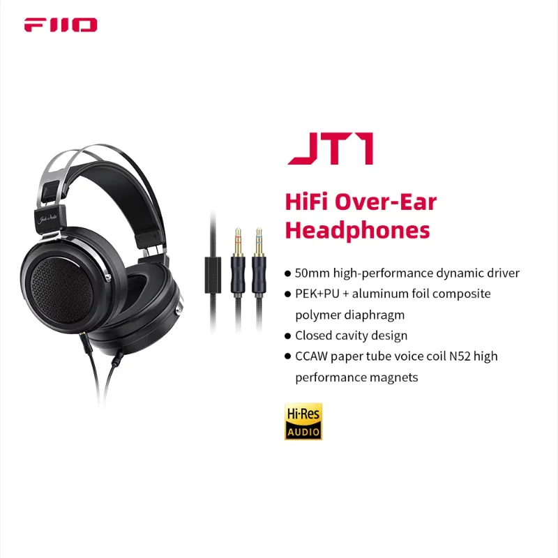 FiiO JT1 Hi‑Fi Wired Over‑Ear Headphones High‑Resolution 3.5mm Balanced Jack Comfortable Headset For Audiophile Music Studio