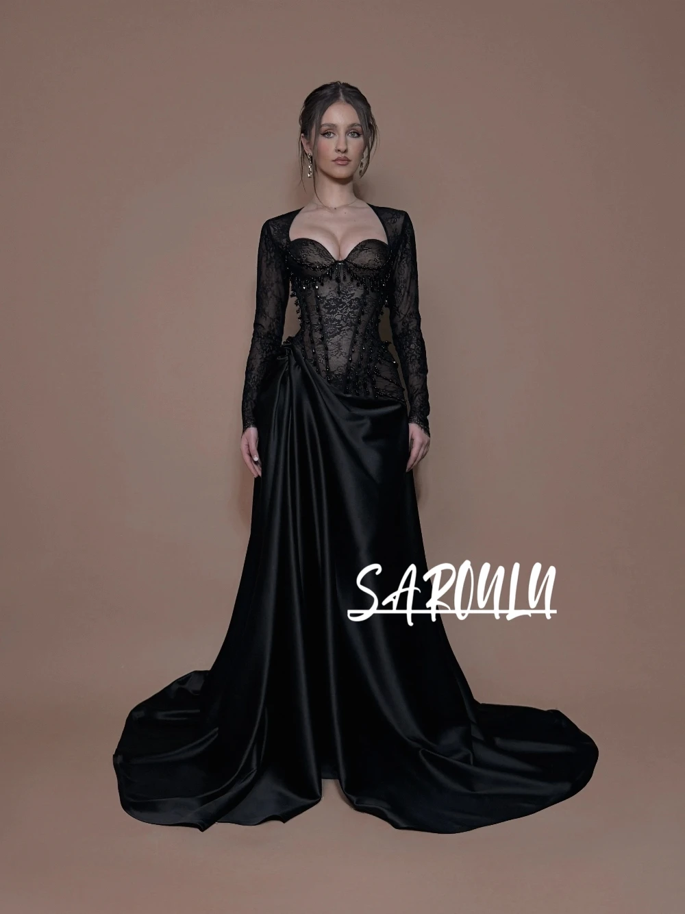 

Black A Line Beaded Tassel Evening Dress Elegant Long Sleeves Sexy Lace Low Back Customized Cocktail Gown Charming Corset Wear