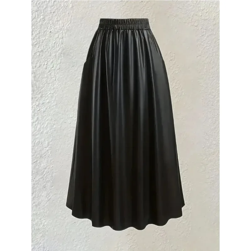 Women\'s Plus Size Elegant And Fashionable Solid Street Style Skirt PU Leather Elastic High Rise Maxi Skirt with Pockets