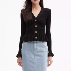 2024 autumnNew v-neck gold button elastic slimShoulder pad knitted cardigan women's y2k high quality world bankCasual short tops