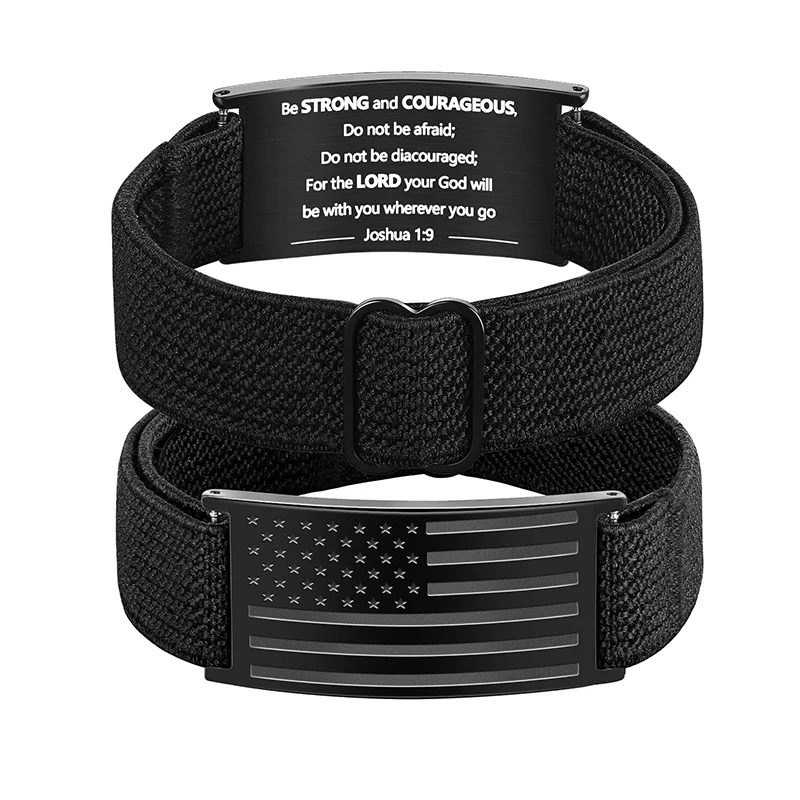 

Custom text American Flag Bracelets Adjustable Black Elastic Strap with Bible Verse, Soldier Appreciation Jewelry for Men Boys