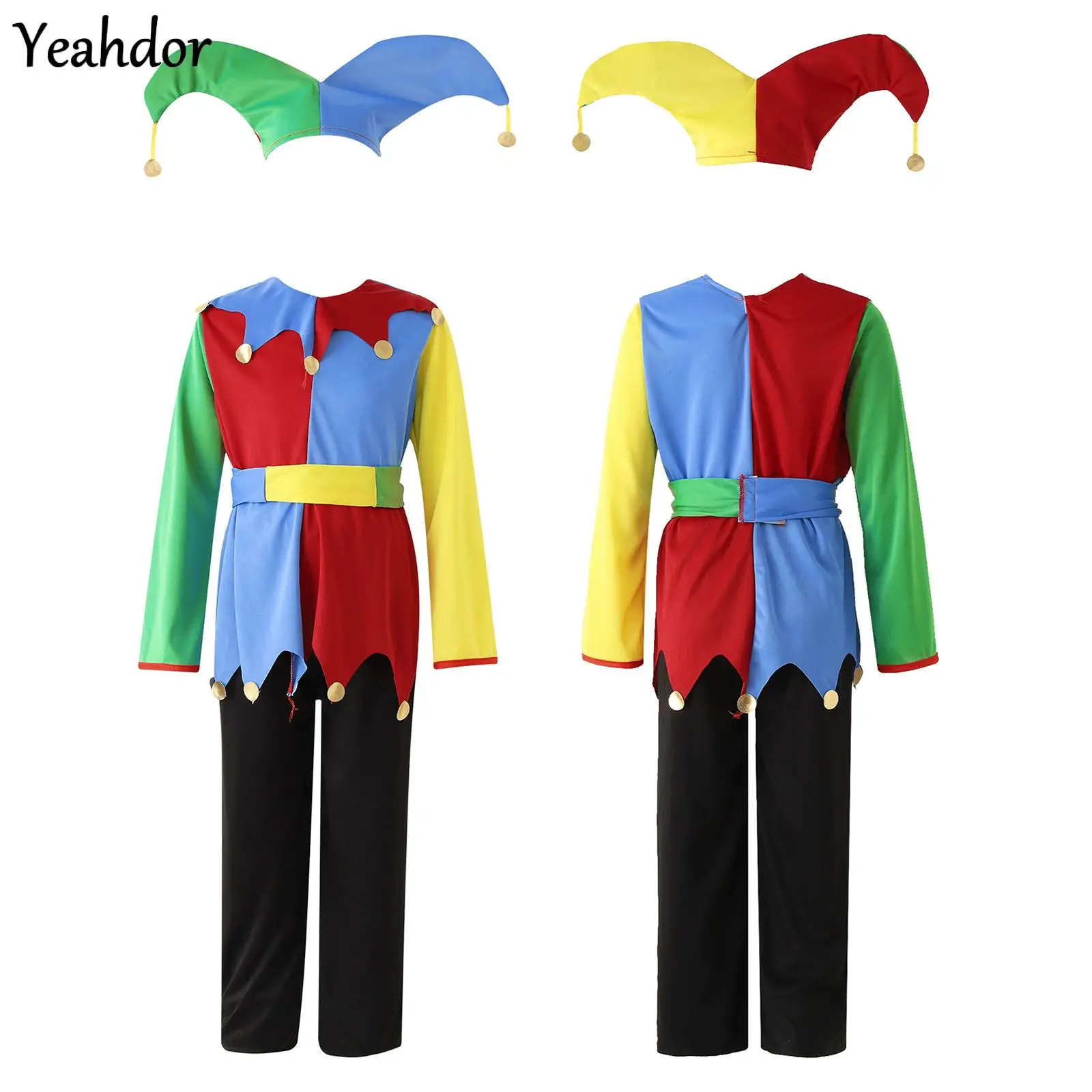 

Girls Boys Clown Cosplay Costumes Colorful Patchwork Circus Clown Dress with Hat Pants Halloween Carnivals Performance Outfit