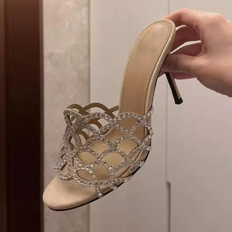 Summer Pointed Open Toe Rhinestone Scale Hollow High Heels Slipper Sandals Women Sexy Crystal Drilled Cutout Banquet Shoes