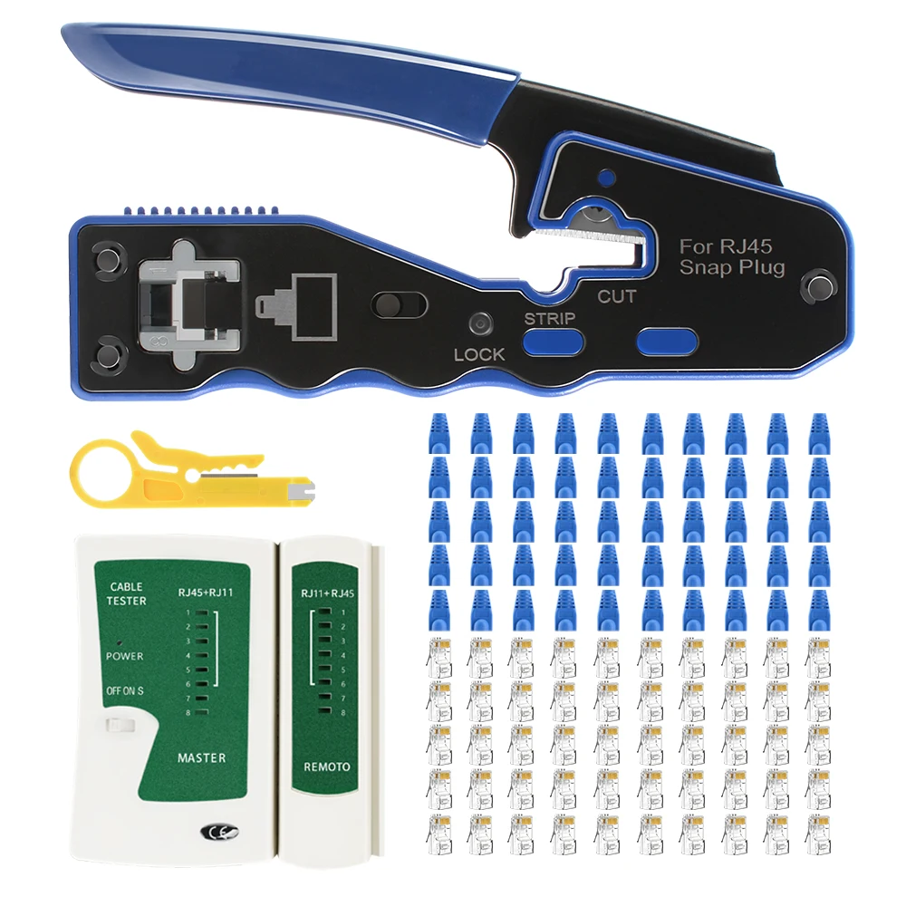 

Cat6 Pass Through RJ45 Crimp Tool Kit, Crimper, 50pcs Cat6 Connectors, Strain Relief Boots, RJ45/RJ11 Tester Wire Stripper