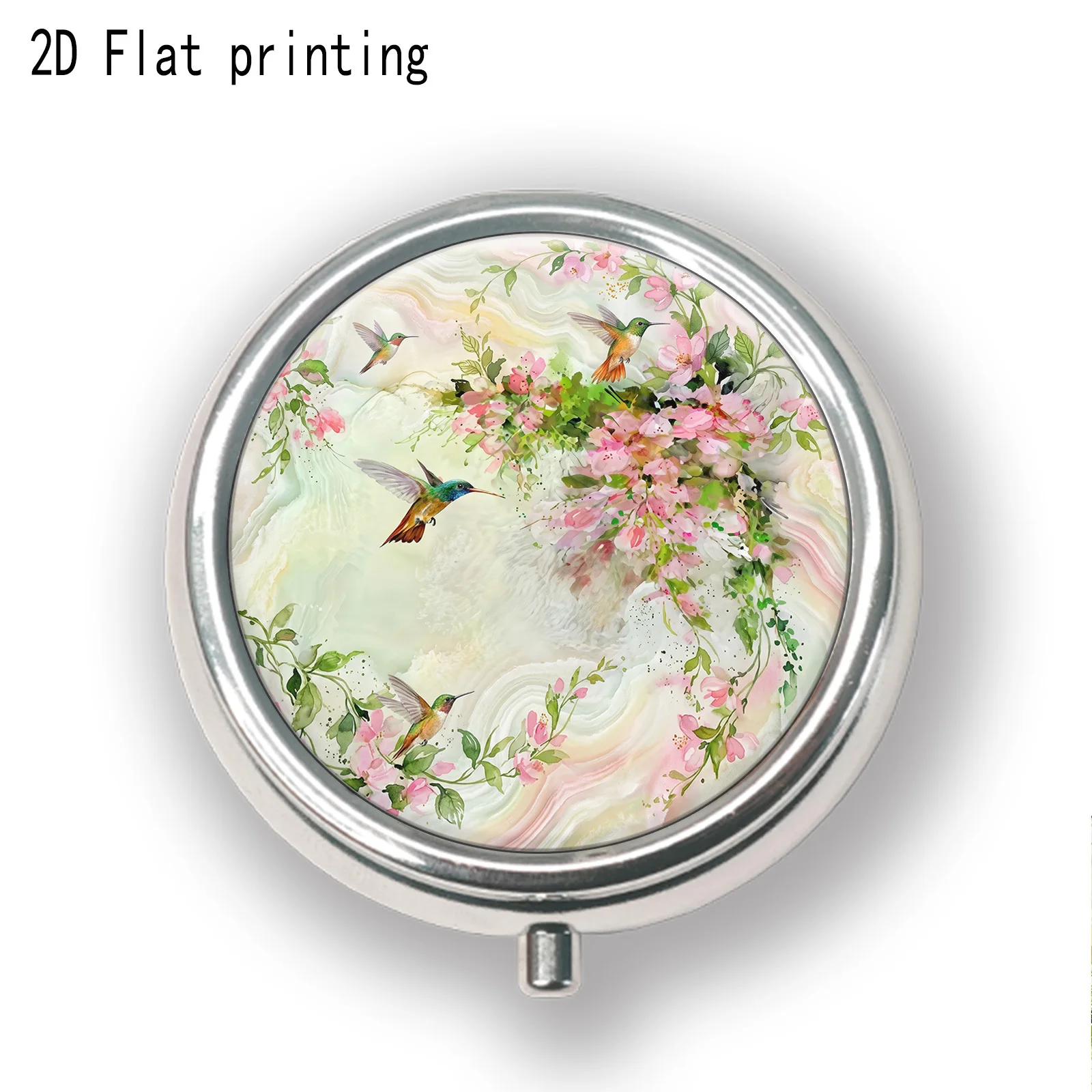 Single-piece, flat-printed portable three-compartment pill organizer, with agate texture and watercolor floral print of peach blossom branches and hummingbirds, travel medicine storage box, sealed and moisture-proof, capsule vitamin organizer, portable size, flat design