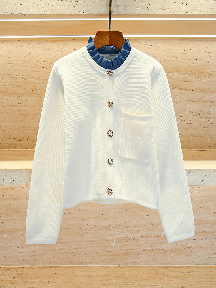 

High-End Women's Knitted Jaet 2024 Autumn Collection Patchwork Wood ain Color Blo Loose Fit Long Sve round Ne