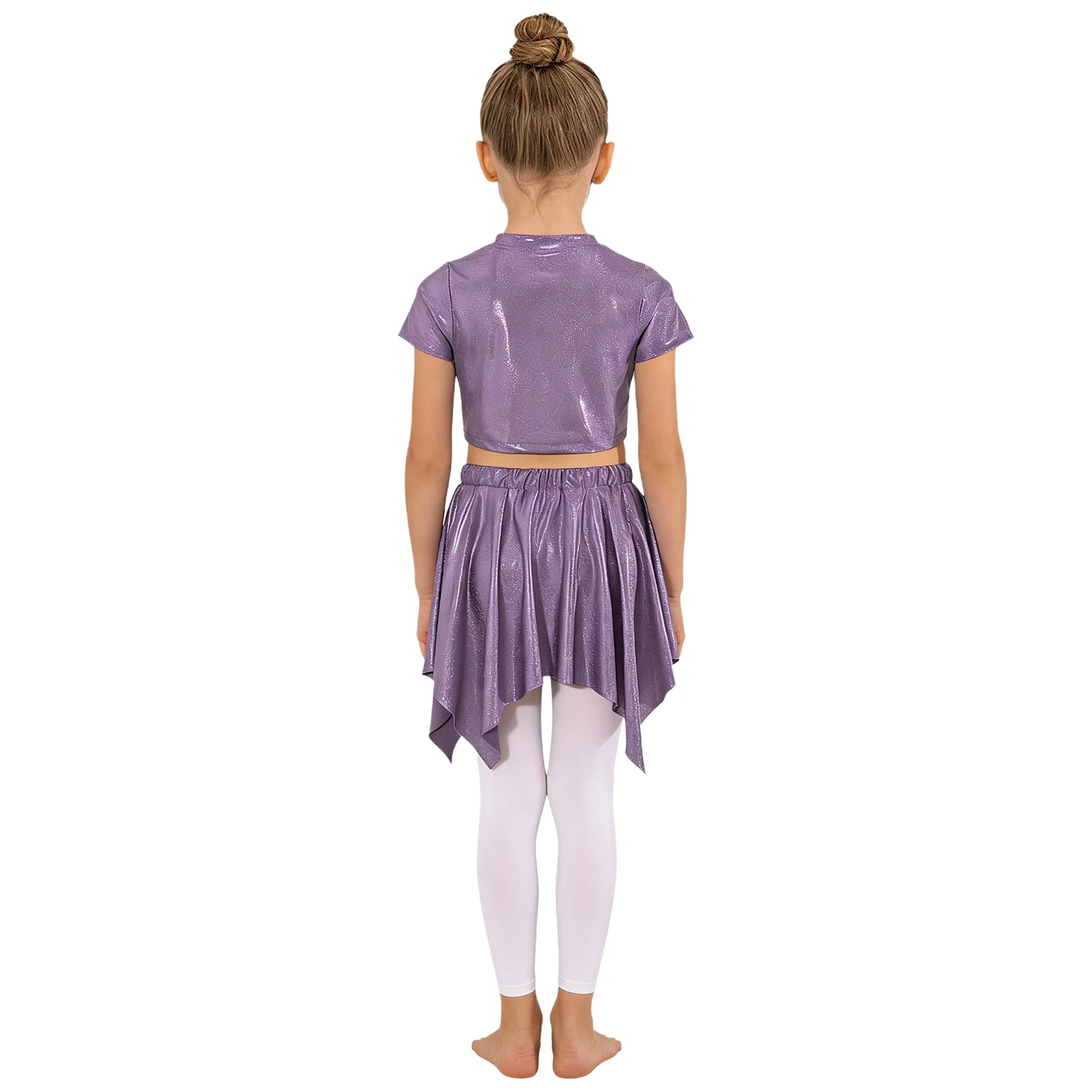 Kids Girls Jazz Ballet Hip Hop Dance Costume Metallic Short-sleeve T-shirt with Skirt for Gymnastics Acrobatic Stage Performance