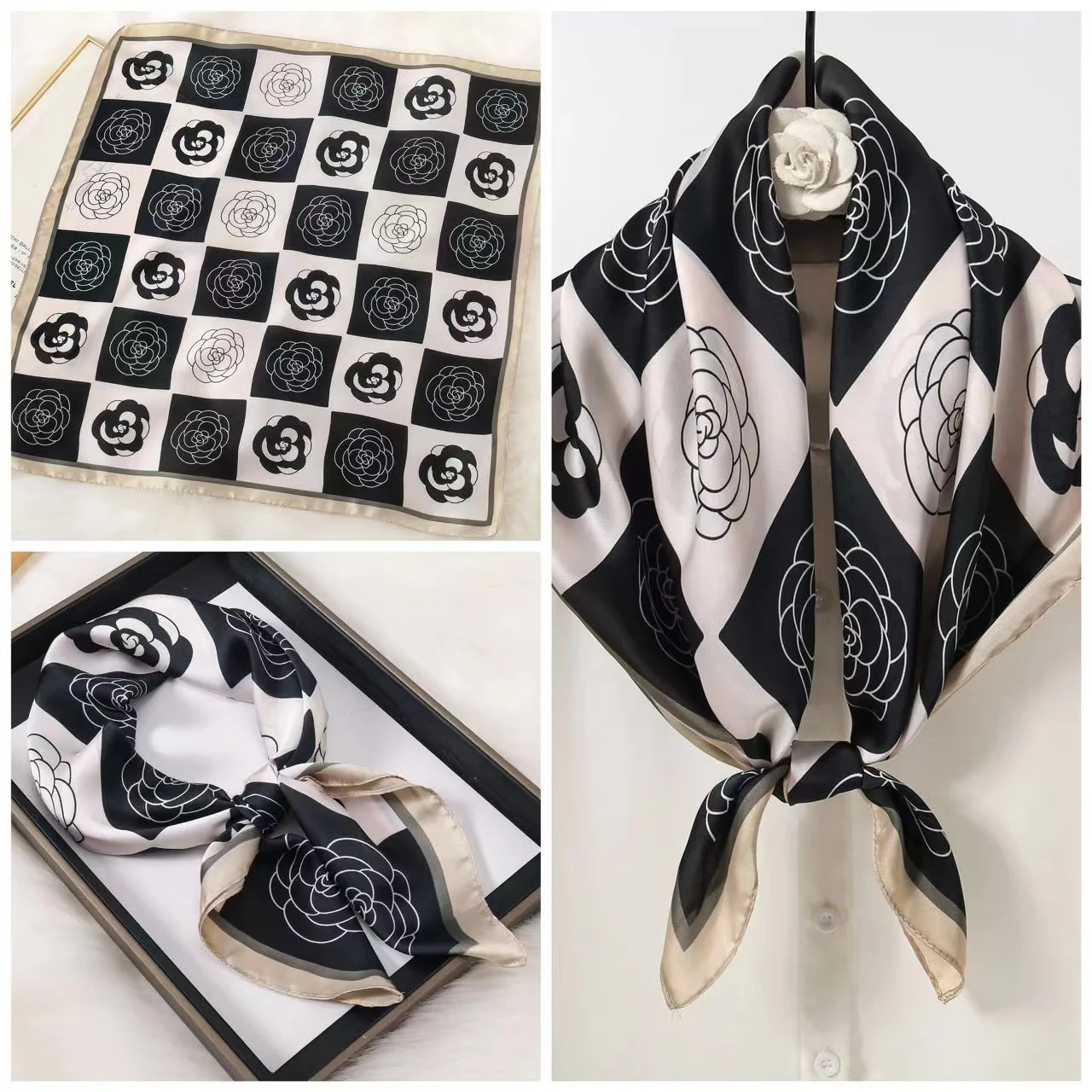 Lenço de seda quadrado feminino, bandana pequena hijab macio, decoração de cabelo ao ar livre, lenço luxuoso ao ar livre, novo, primavera, 70x70cm,