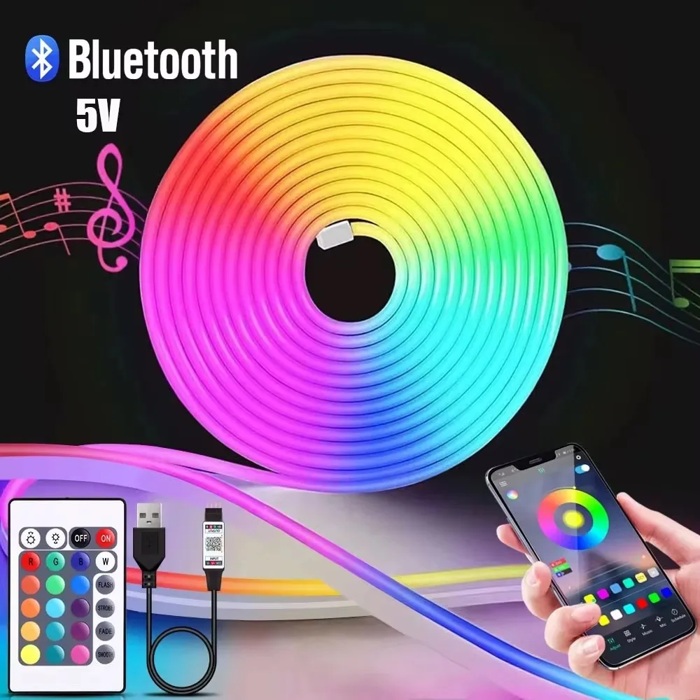 Led Neon Strip Light 5V Usb Rgb Rope Lights 1M 2M 3M 5M Bluetooth Wifi Tuya Alexa Remote Control Neon Light Band For Home Decor