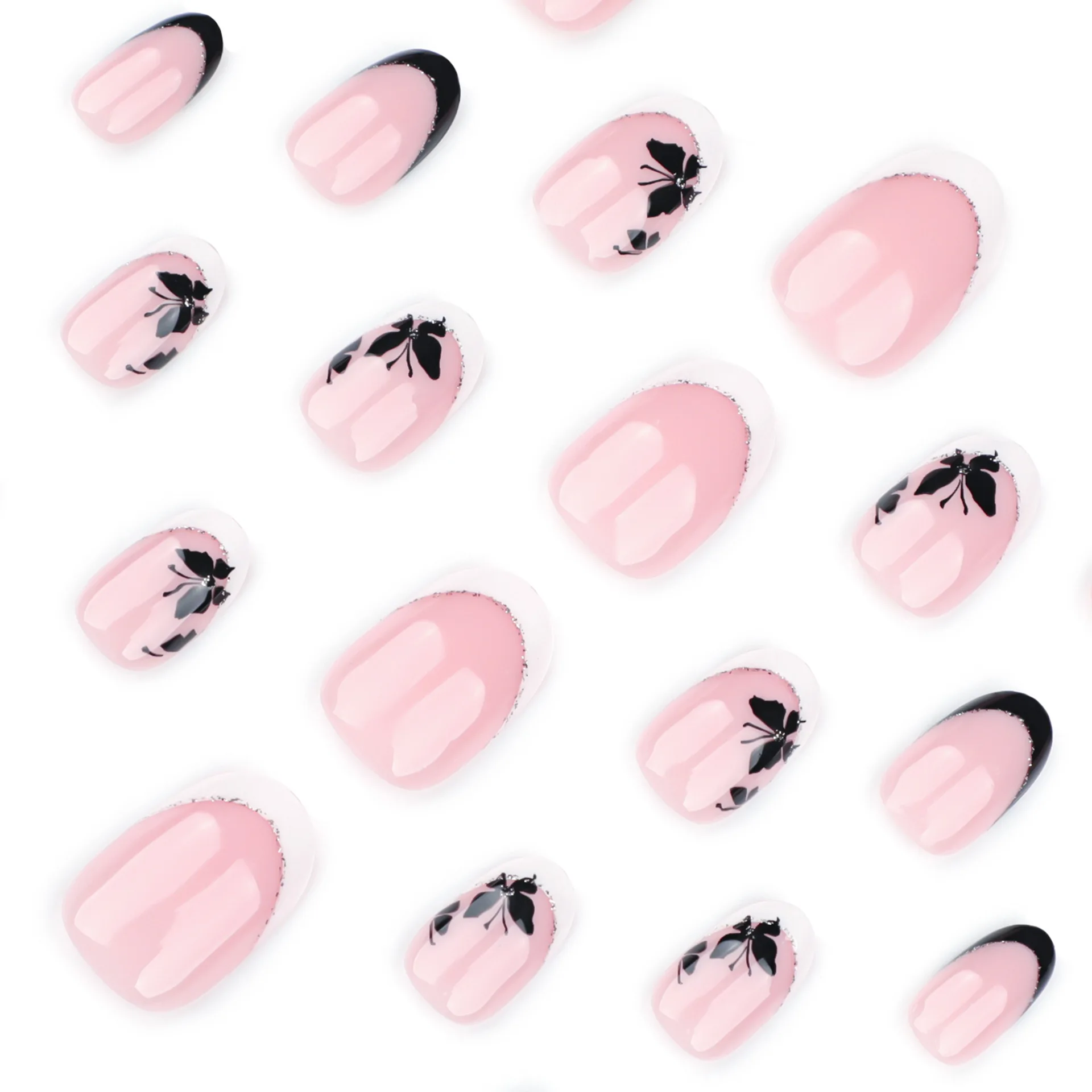 24 Stück Ins Style klassische französische Nägel zum Aufdrücken – kurze runde Form mit schwarzen Schmetterlingen und weißen Spitzen, künstlicher Nagel für Frauen und Mädchen