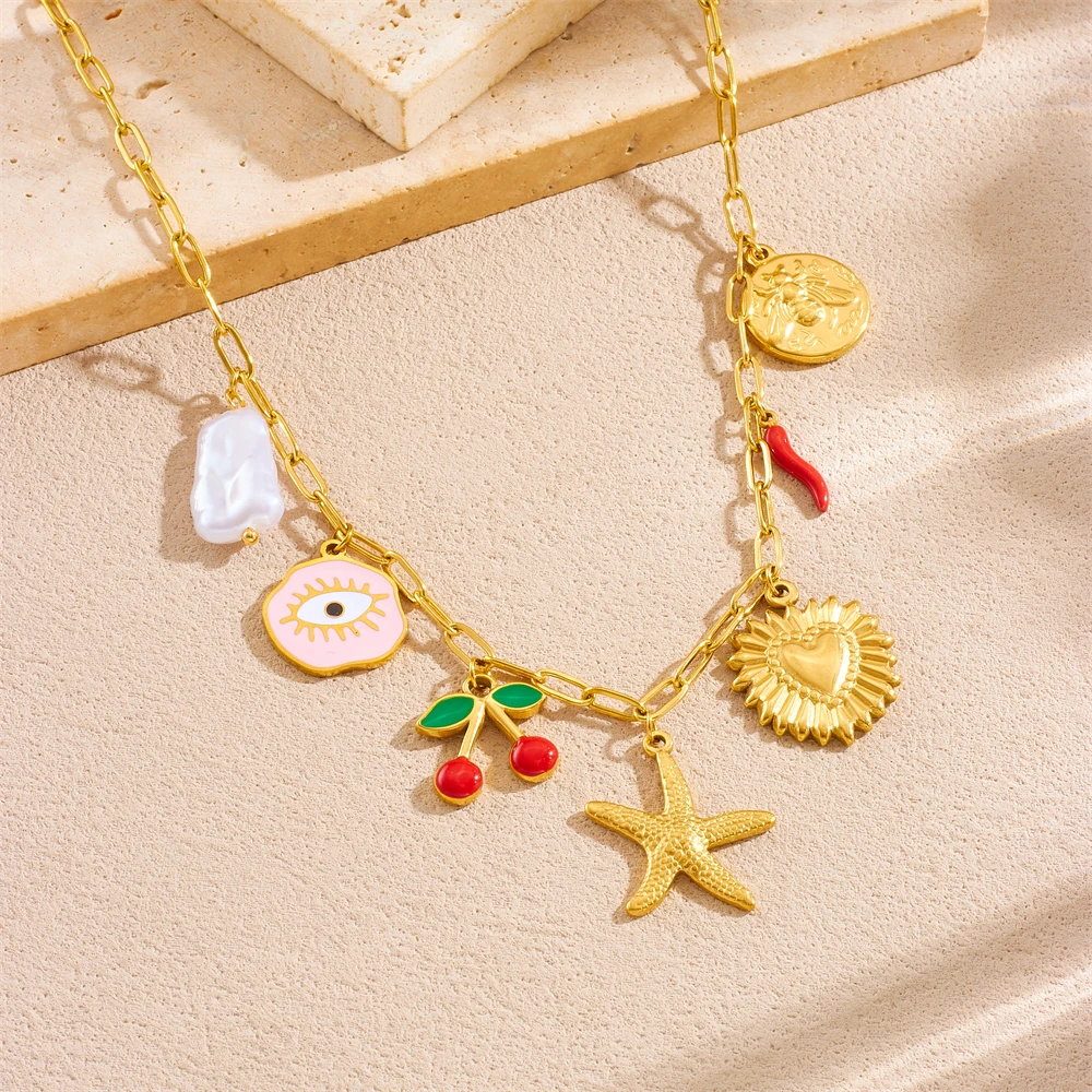 Halskette mit Anhänger aus Edelstahl, Seestern, Herz, Kirsche, Perle, Augen, Anhänger, Dame, neue Mode, Halskette, Schmuck, Party-Geschenk