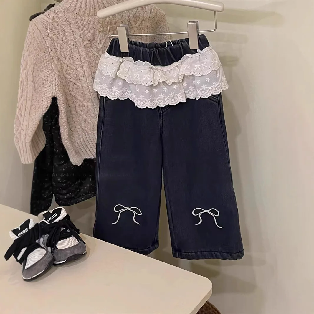 Autumn Winter Korean Toddler Girls Pants Lace Waist Embroidered Bow Plus Velvet Children Girls Jeans Kids Girls Wide Leg Pants