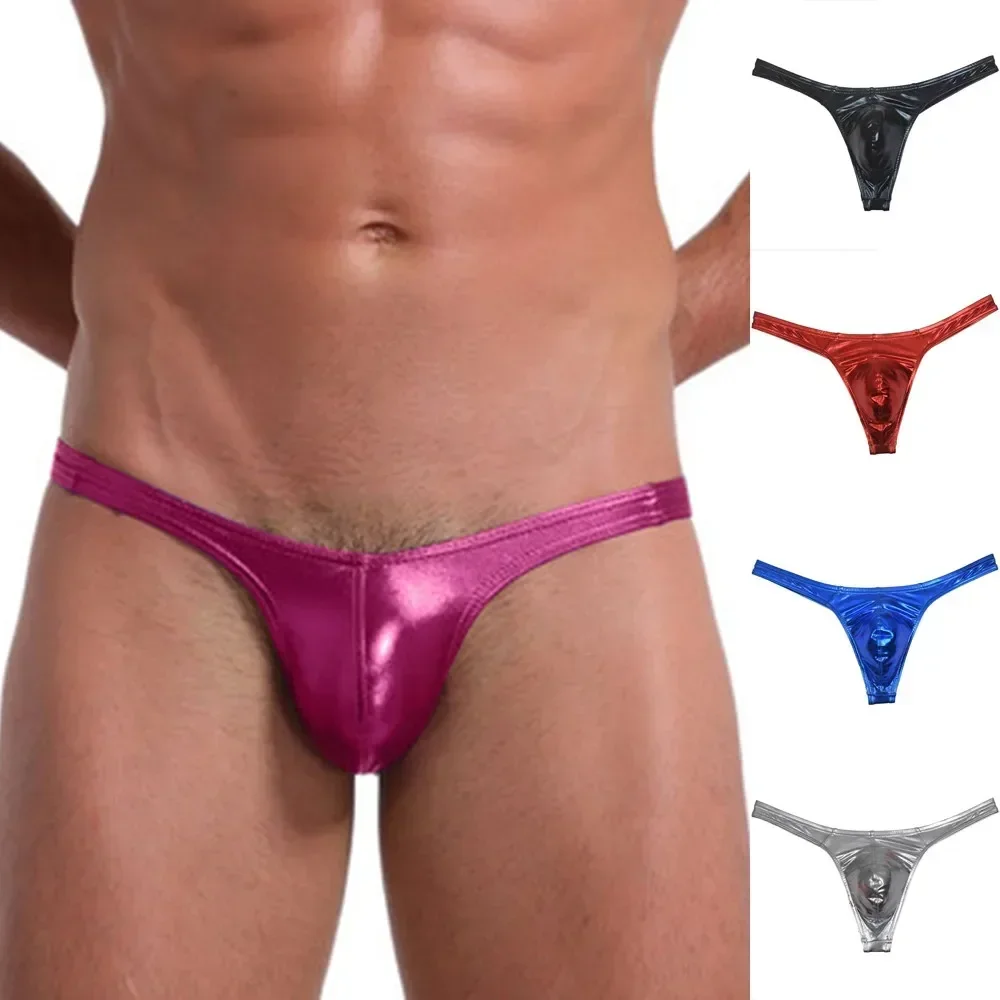 Sexy Men Oil Shiny Thong Leather Panties Like T-back Underwear Male Stretchy G-string Solid Mini Bikini Thong Bulge Pouch Pants