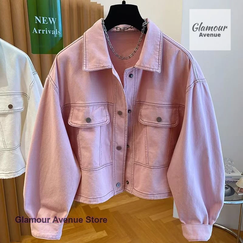 

Korean solid color line pocket denim jacket women's spring and autumn new Joker casual fashion temperament Joker jacket top.