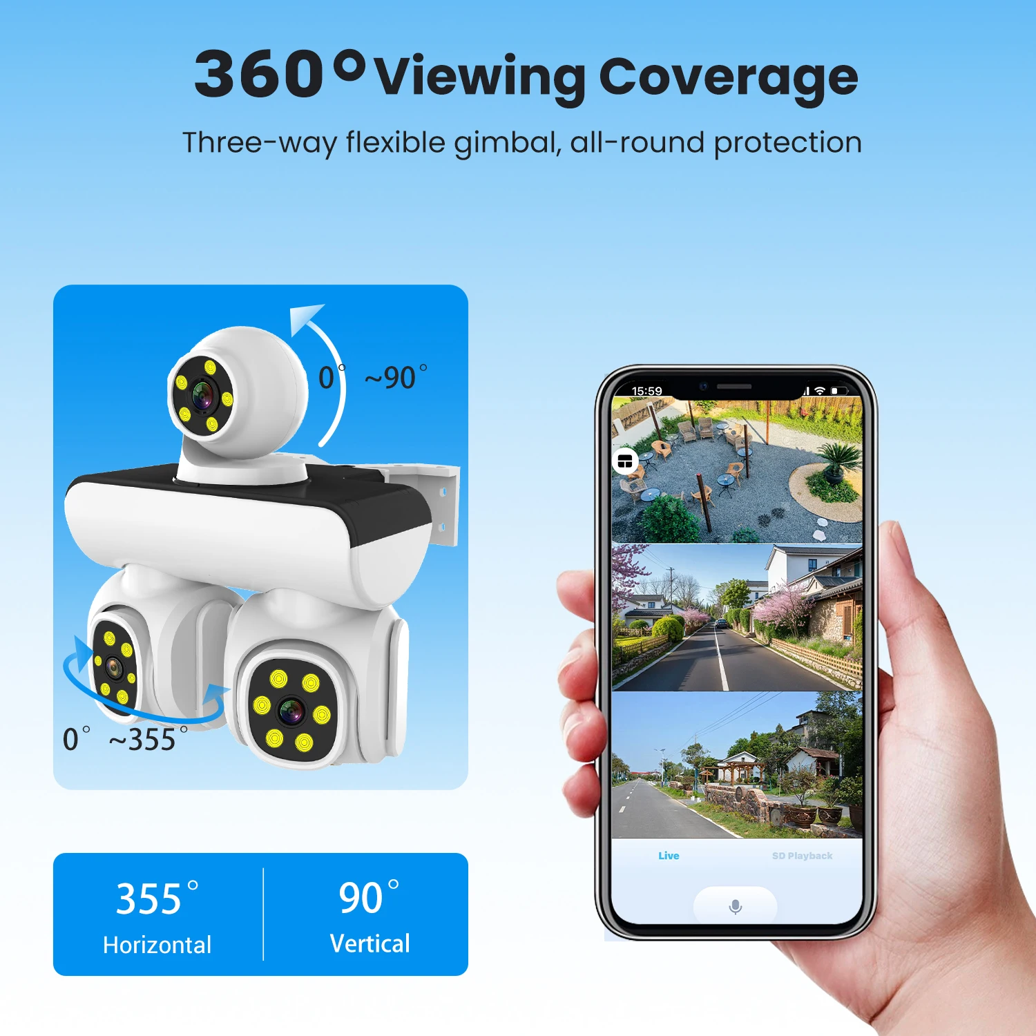 15MP 8K Three PTZ Wifi Camera Three Screens 360° Video Surveillance Camera Human Detection Night Vision Home Security Protection