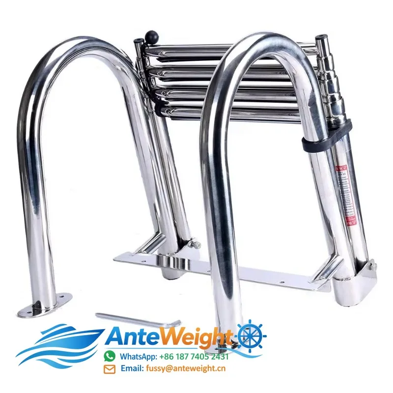Marine Hardware 4 Steps Removable Premium Stainless Folding Rear Entry Pontoon Boat Ladder W/Extra Wide Step