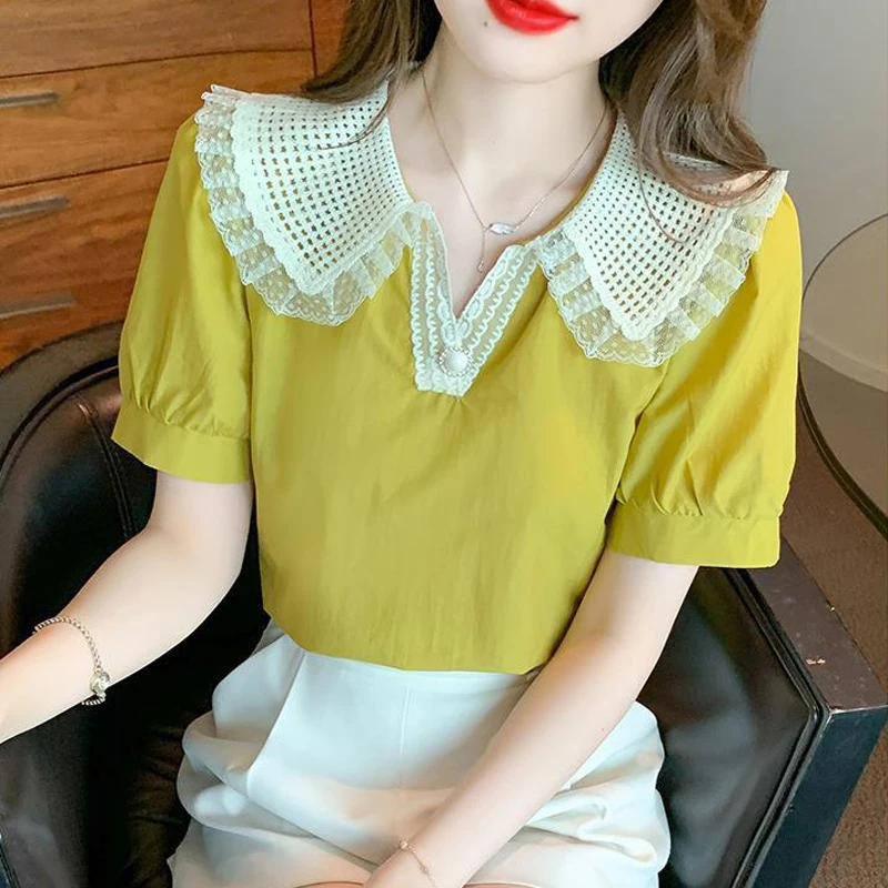 New Women Trendy Sweet Kawaii Lace Patchwork Blouses Korean Style Short Sleeve Loose Shirts Casual Solid Elegant Chic Tops Blusa